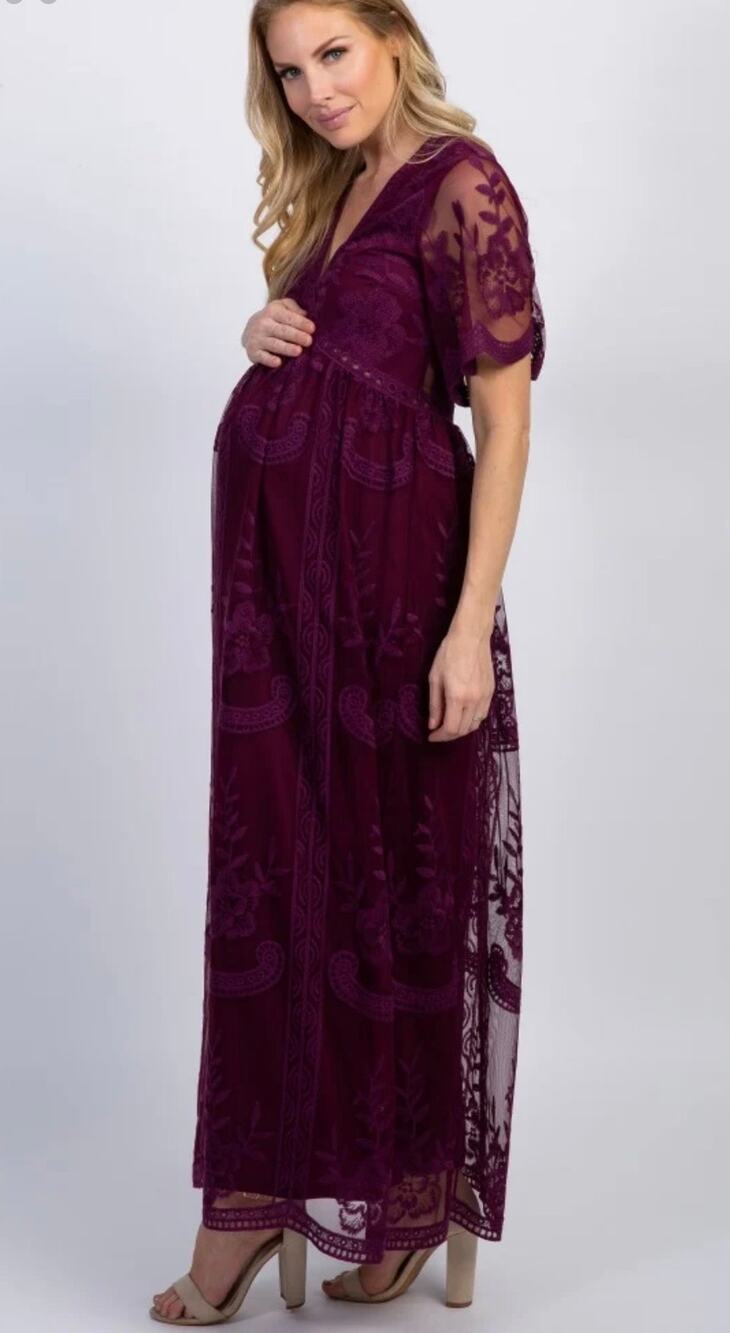 PinkBlush Maternity Dress Deeo Burgundy Lace Mesh Overlay Maxi Dress Pregnancy S